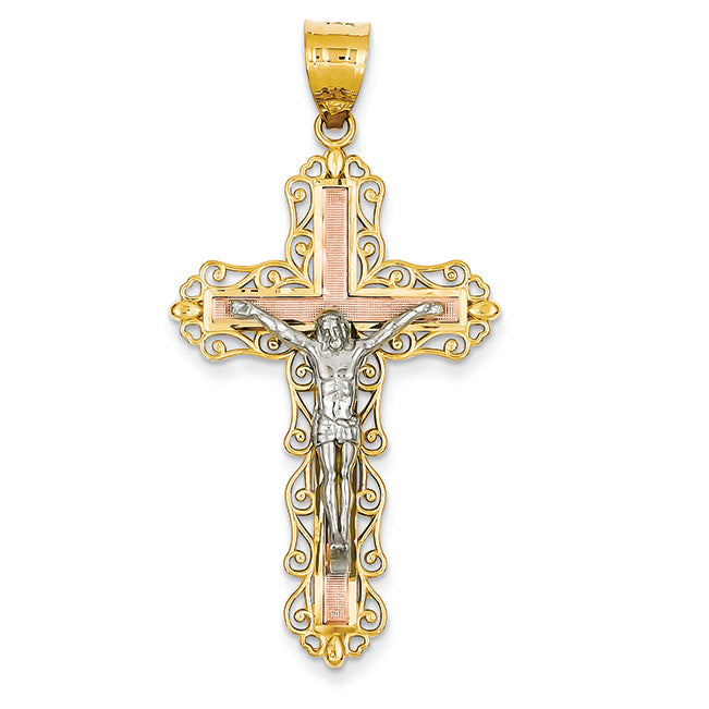 14K Gold Tri-Color Diamond -Cut Crucifix Pendant