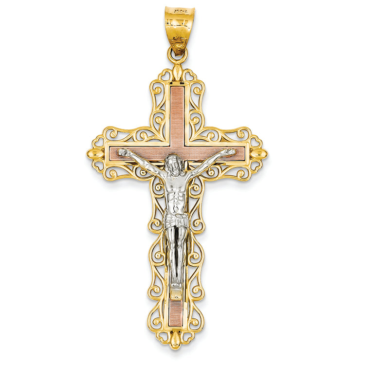 14K Gold Tri-Color Diamond -Cut Crucifix Pendant