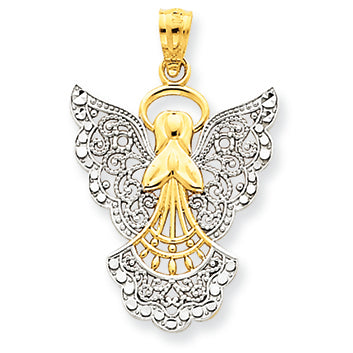 14K Gold & Rhodium Filigree Angel Pendant