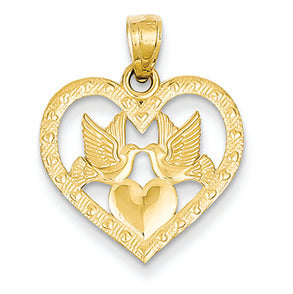 14K Gold Two Doves In Heart Pendant