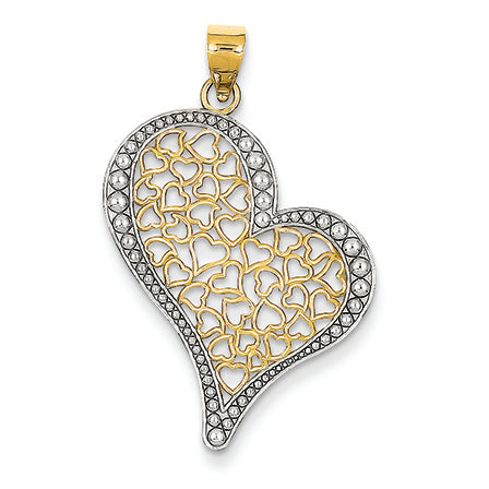 14K Gold & Rhodium Filigree Slanted Hearts in Heart Pendant