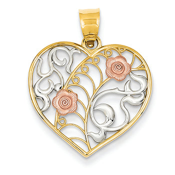 14K Gold Two-tone & Rhodium w/Pink Flowers Heart Pendant