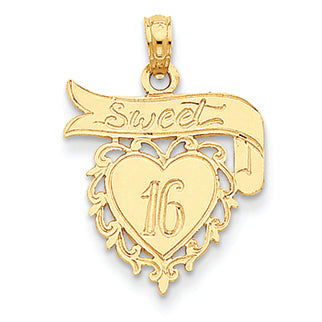14K Gold Sweet 16 on Heart with Banner Pendant
