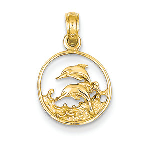 14K Gold Double Dolphins in Circle Pendant