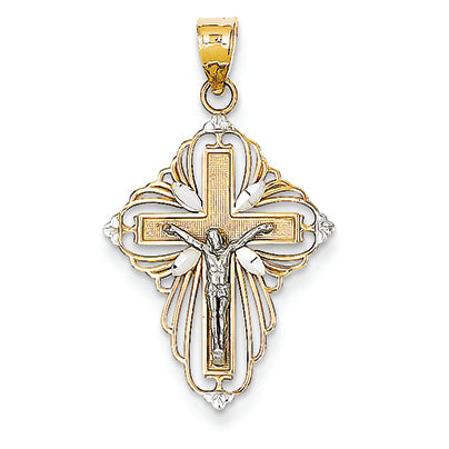 14K Gold Two-tone & Rhodium D/C Sm Scallop-edge Crucifix Pendant