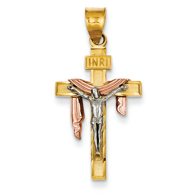 14K Gold Tri-color Diamond-cut Small Draped INRI Crucifix Pendant
