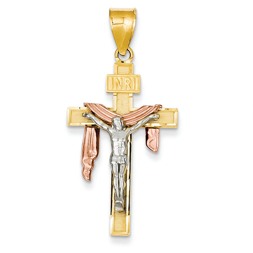 14K Gold Tri-color Diamond-cut Large Draped INRI Crucifix Pendant