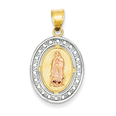 14K Gold Two-tone & Rhodium Beaded Edge Oval Guadalupe Pendant
