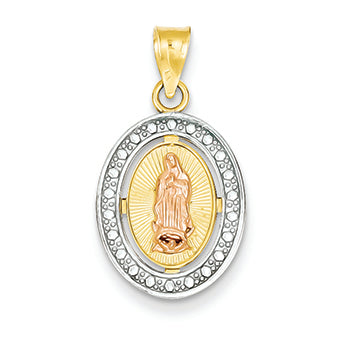 14K Gold Two-tone & Rhodium Med Beaded Edge Oval Guadalupe Pendant