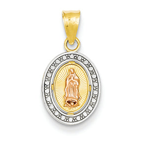 14K Gold Two-tone & Rhodium Beaded Edge Oval Guadalupe Pendant