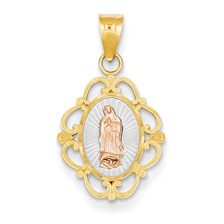 14K Gold Two-tone & Rhodium Guadalupe Scrolled Oval Pendant