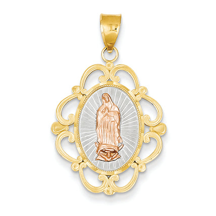 14K Gold Two-tone & Rhodium Lg Guadalupe Scrolled Oval Pendant