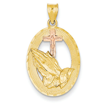 14K Gold Two-tone Diamond-cut Cross & Praying Hands Oval Pendant