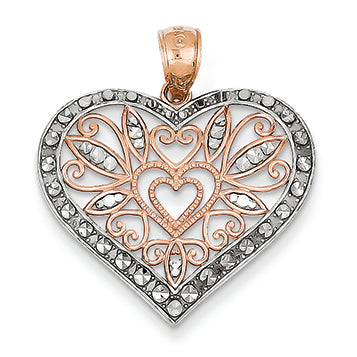 14K Gold Rose Gold Rhodium Plated Diamond Cut Fancy Heart Pendant