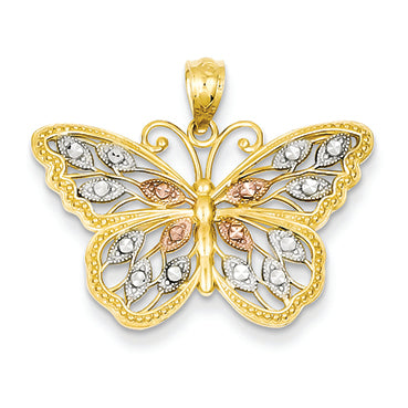 14K Gold Yellow Gold and Rhodium Plated Diamond Cut Butterfly Pendant