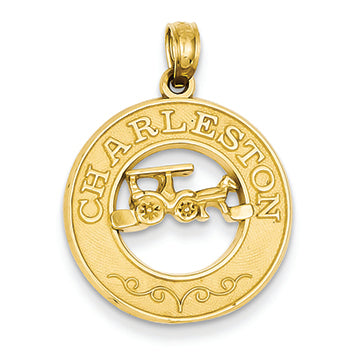 14K Gold CHARLESTON on Round Disc w/ Horse & Carriage Pendant