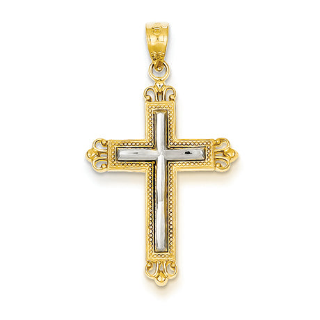 14K Gold Yellow Gold Rhodium Plated Diamond Cut Cross Pendant