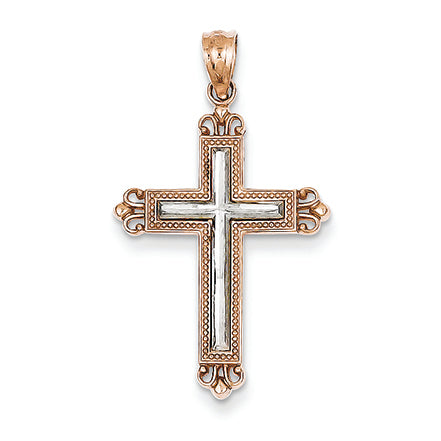 14K Gold Rose Gold Rhodium Plated Diamond Cut Cross Pendant