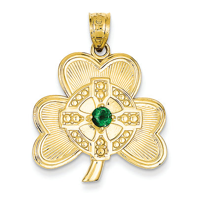 14K Gold Shamrock with Green CZ Stone Pendant
