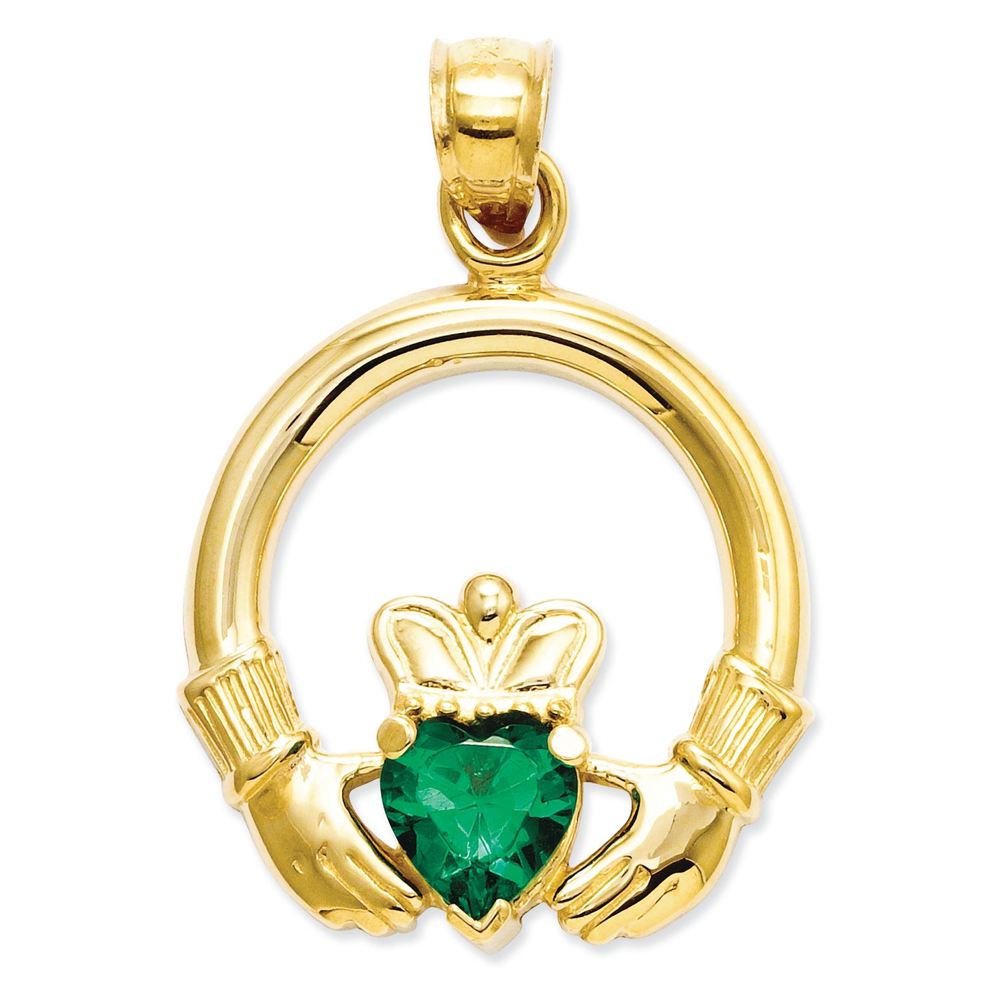 14K Gold Claddagh with Synthetic Green Stone Pendant