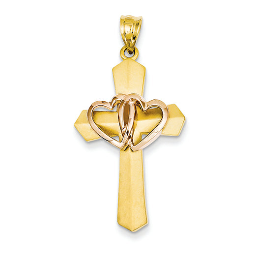14K Gold Two-tone Double Heart Cross Charm