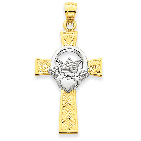 14K Gold Two-tone Claddagh Cross Pendant