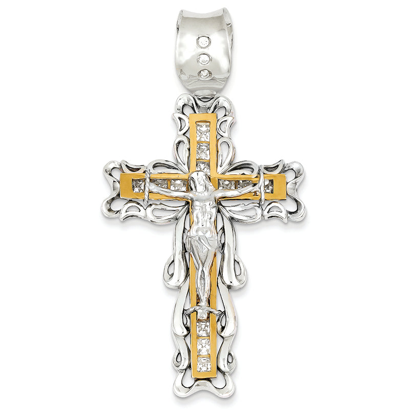 14K Gold Two-tone CZ Cross Pendant
