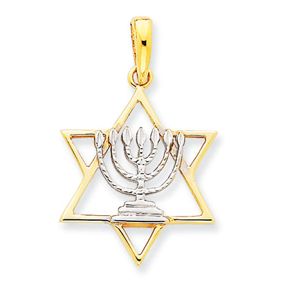 14K Gold Yellow Gold and Rhodium Solid Menorah in Star of David Charm