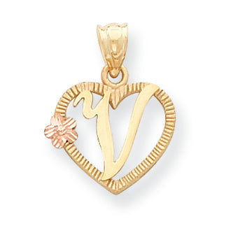 14K Gold Two-Tone Initial V in Heart Charm