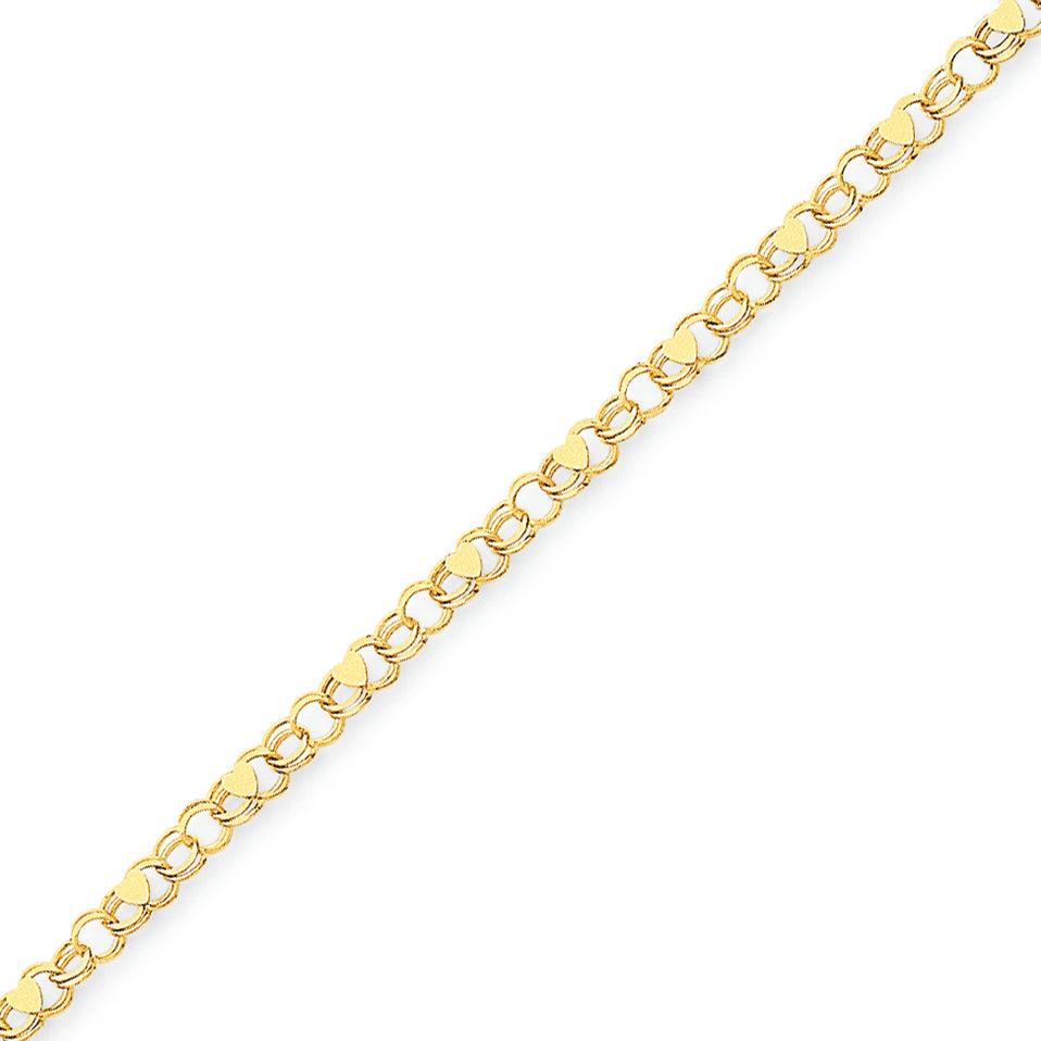 14K Gold Double Link Heart Charm Bracelet 7 Inches