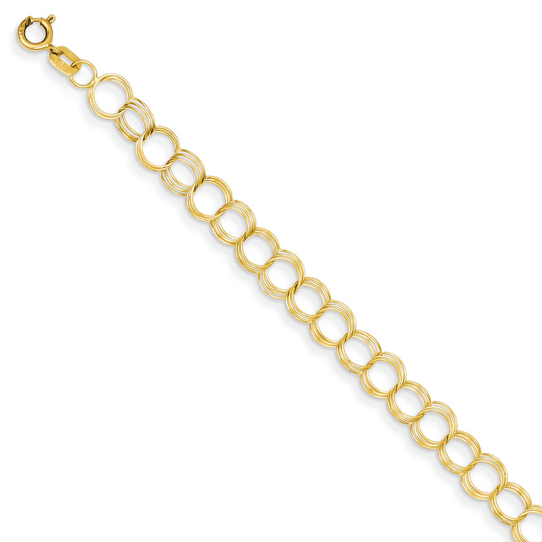 14K Gold Solid Triple Link Charm Bracelet 7 Inches