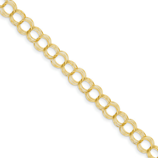 14K Gold Solid Triple Link Charm Bracelet 7 Inches