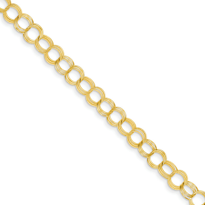 14K Gold Solid Triple Link Charm Bracelet 7 Inches