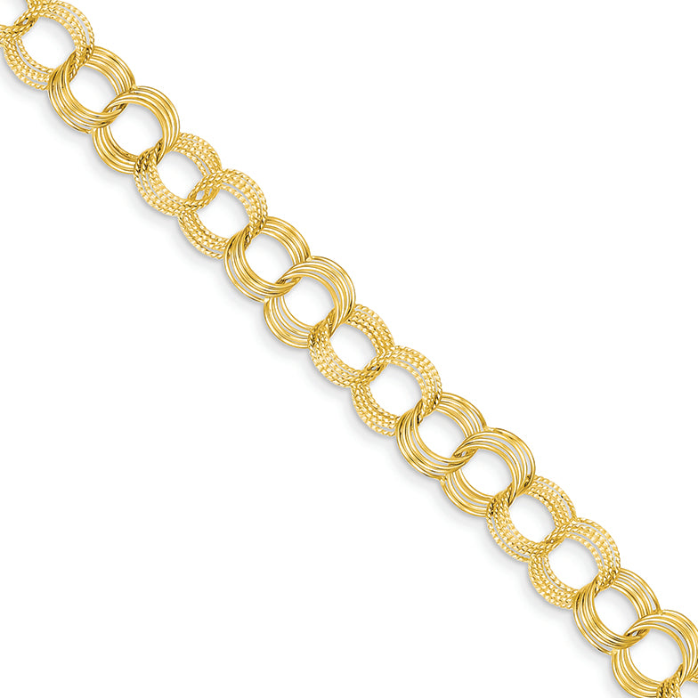 14K Gold Solid Triple Link Charm Bracelet 7 Inches