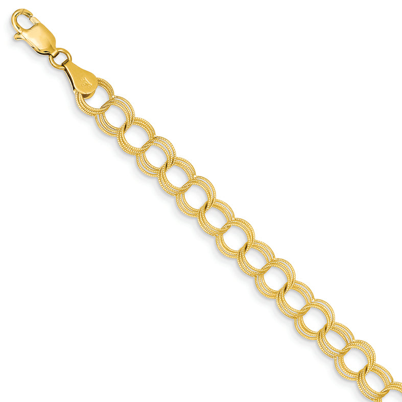 14K Gold Solid Triple Link Charm Bracelet 7 Inches