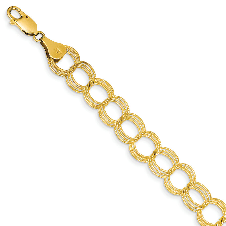 14K Gold Solid Triple Link Charm Bracelet 7 Inches
