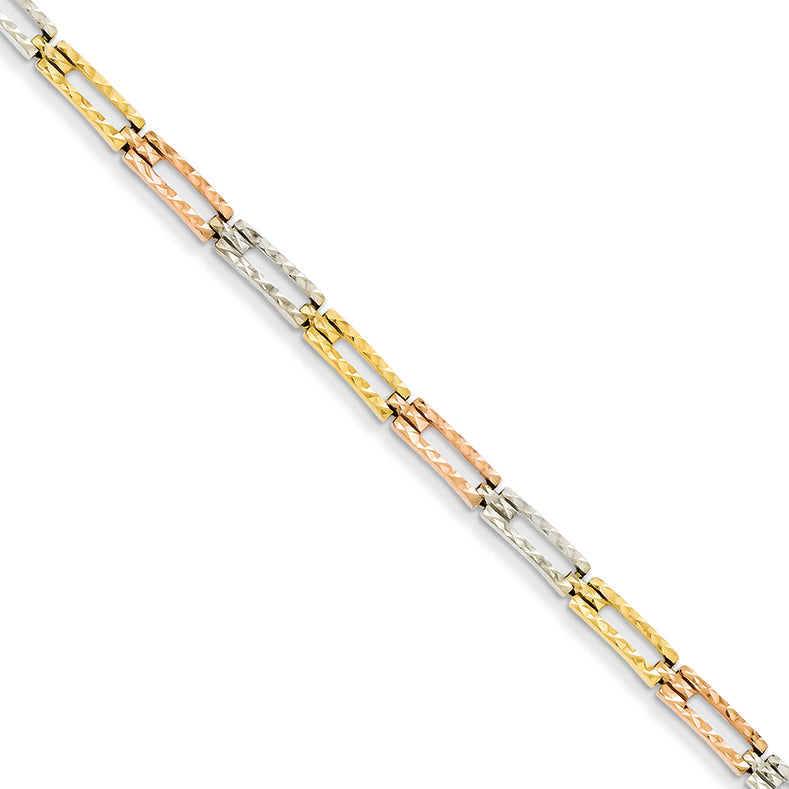 14K Gold Tri-color D/C Fancy Link Bracelet 7.75 Inches