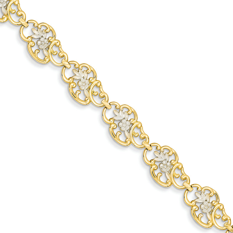 14K Gold Two-tone Scalloped Oval with Flower Bracelet 7 Inches