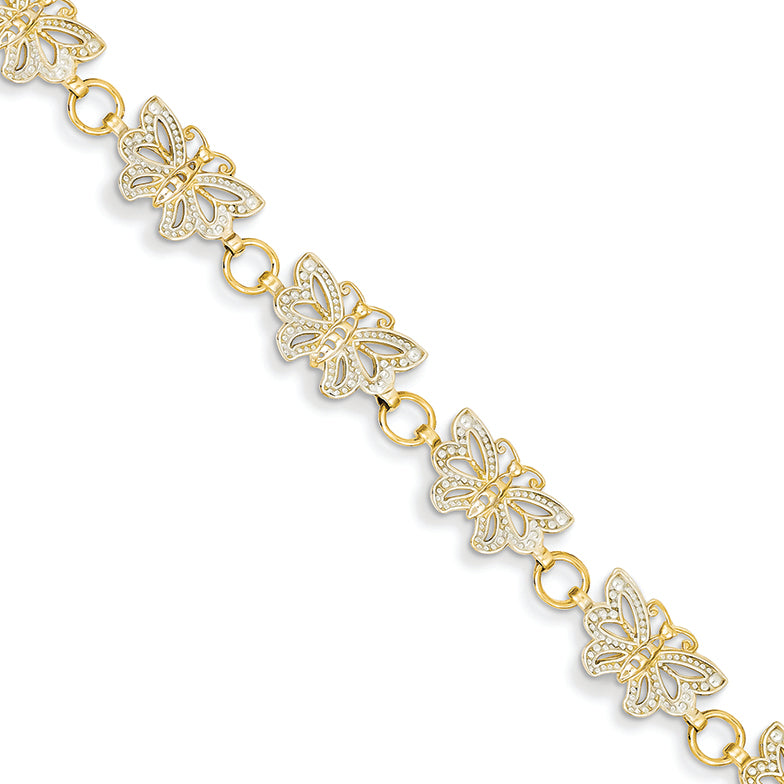 14K Gold & Rhodium Butterfly Bracelet 7 Inches