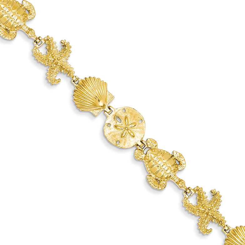 14K Gold Sea Life Theme Bracelet 7.25 Inches