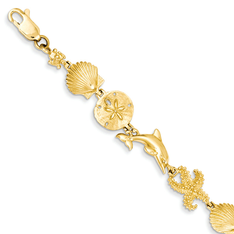 14K Gold Seashore Theme Bracelet 7.25 Inches