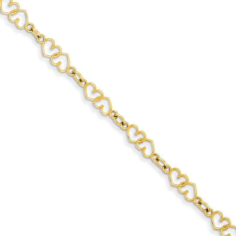 14K Gold Double Heart Link Bracelet 7.5 Inches