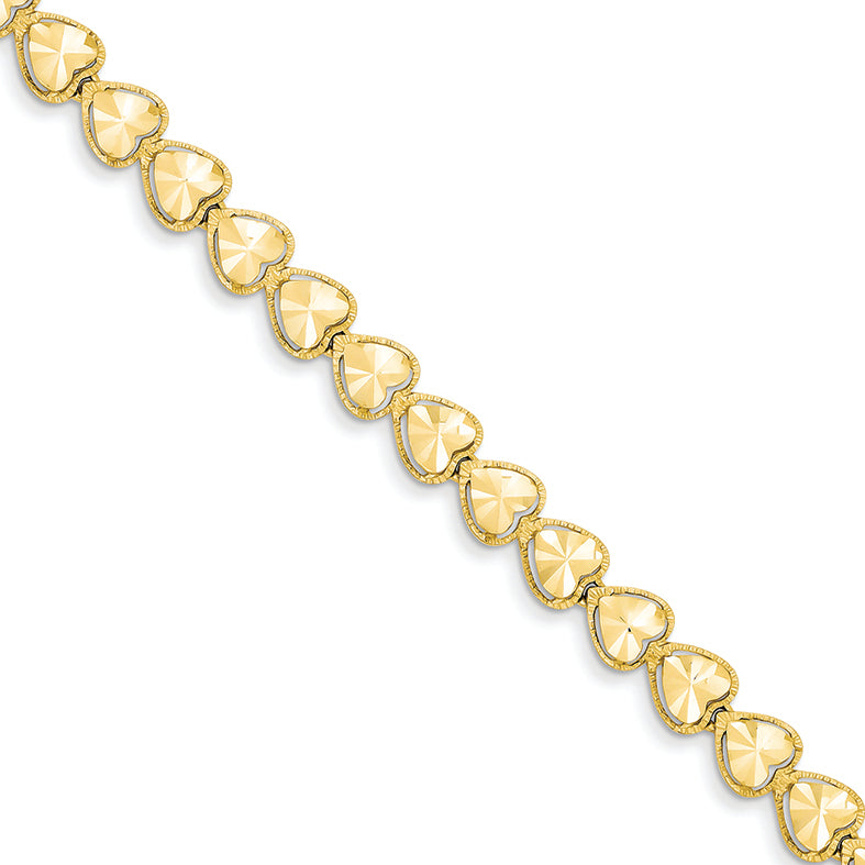 14K Gold Diamond Cut Heart Bracelet 7 Inches