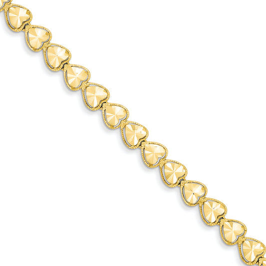 14K Gold Diamond Cut Heart Bracelet 7 Inches