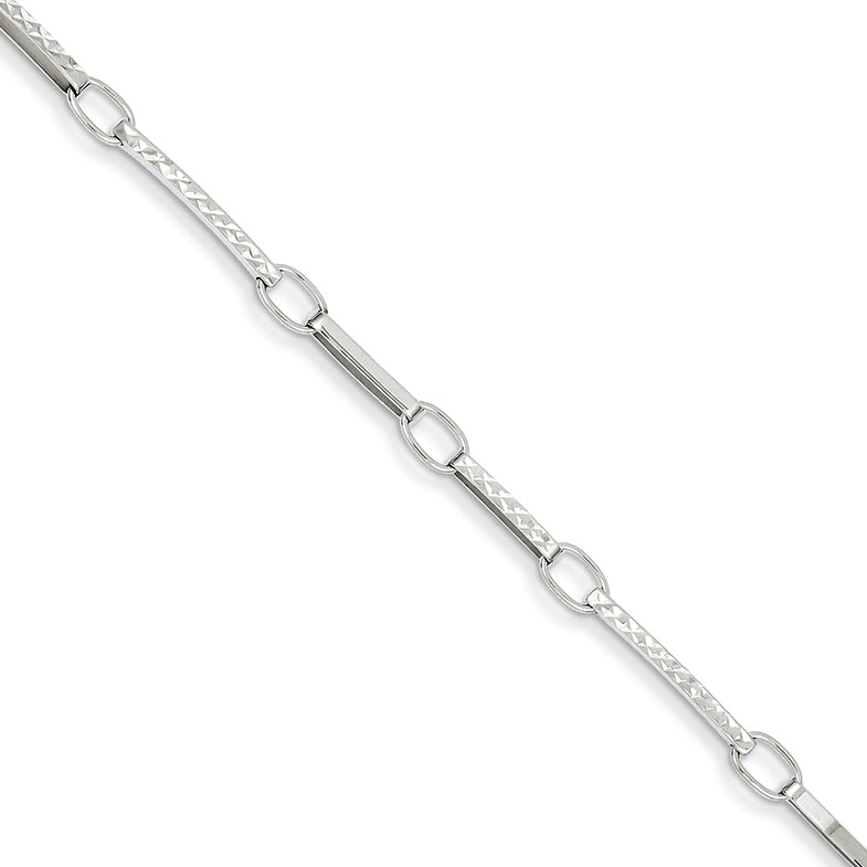 14K White Gold Polished and Textured Fancy Link Bracelet 7.25 Inches