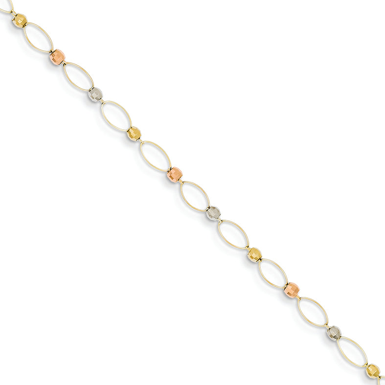 14K Gold Gold Tri-color Oval Link Two-tone Mirror Beads Bracelet 7.5 Inches