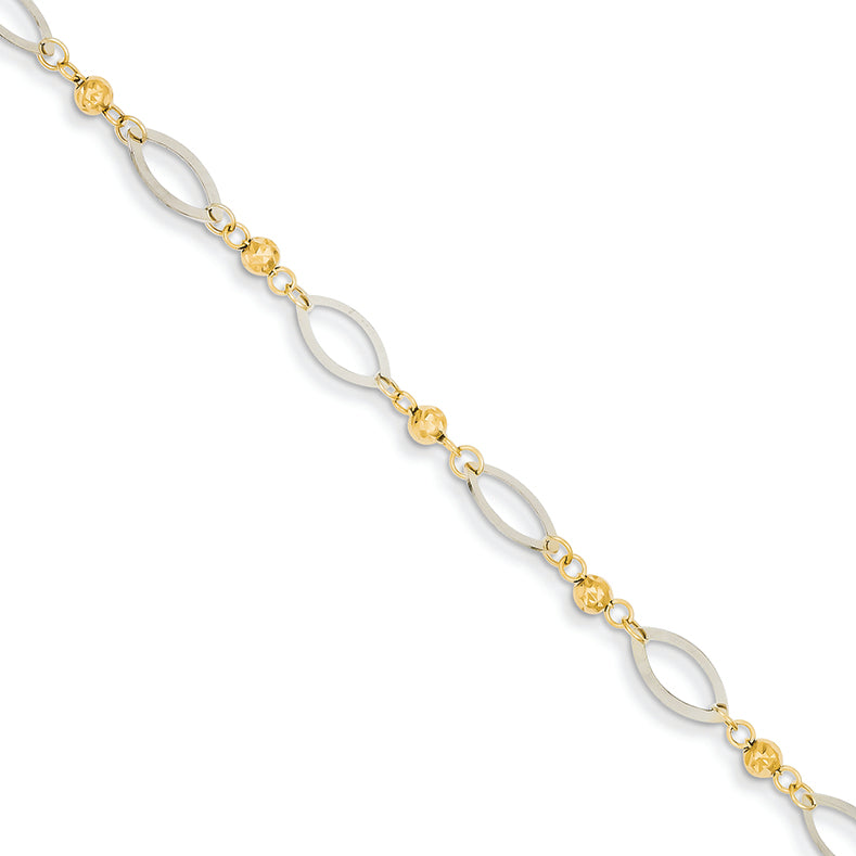 14K Gold two tone Oval Marquise Links with D/C Beads Bracelet 7.25 Inches