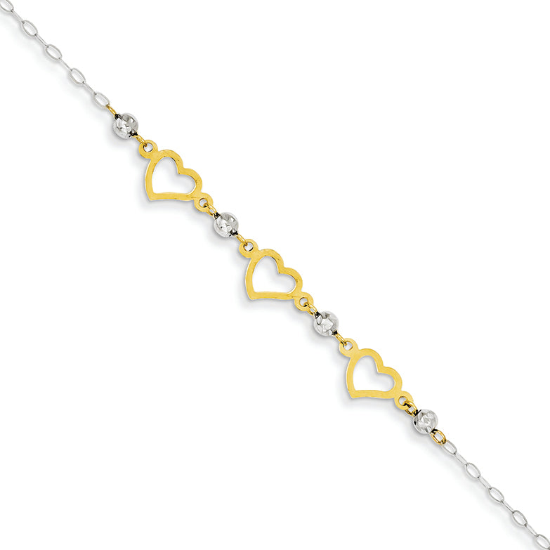14K Gold Two-tone Oval Link Diamond Cut Beads and Heart Bracelet 7.5 Inches