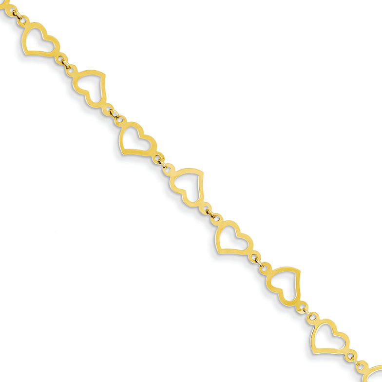 14K Gold Flat Open Hearts Bracelet 7.5 Inches