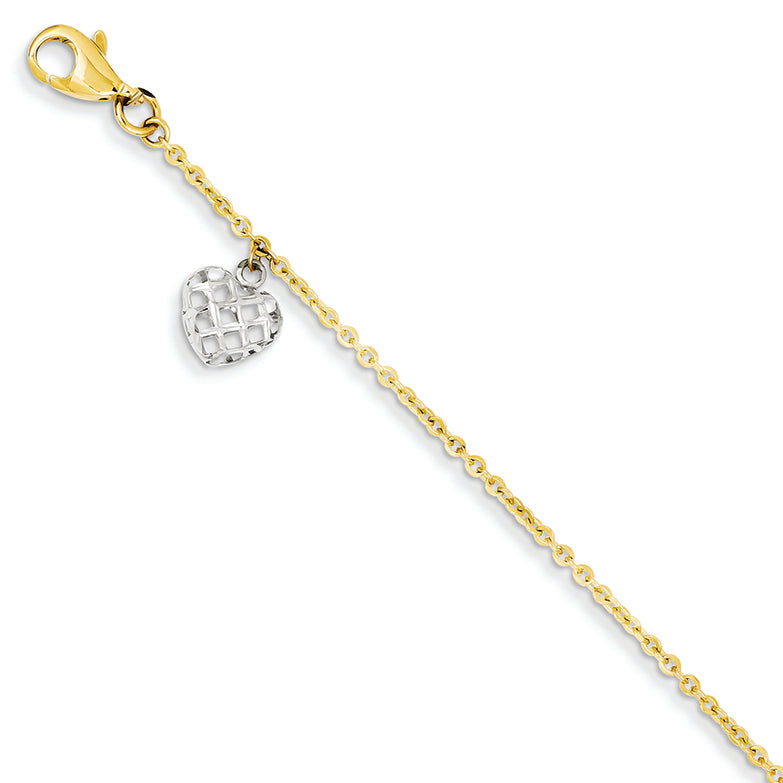 14K Gold Two-tone Heart Dangle Bracelet 7.25 Inches